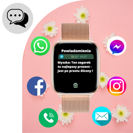 Smartwatch Damski Ewa Złoty Zestaw 3 pasków - biały, różowy, różowe złoto