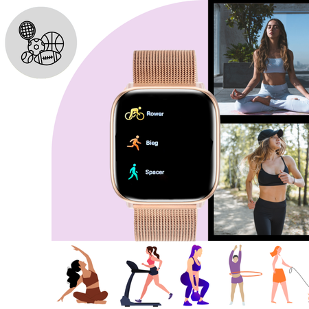 Smartwatch Damski Ewa Złoty Zestaw 3 pasków - biały, różowy, różowe złoto