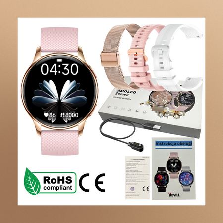 Smartwatch Bianka AMOLED Zestaw 3 Pasków - Biały, Różowy,  Złoty róż
