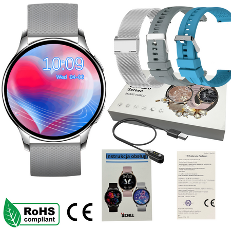 Smartwatch Sara AMOLED Zestaw 3 Pasków - Niebieski, Srebrny, Szary