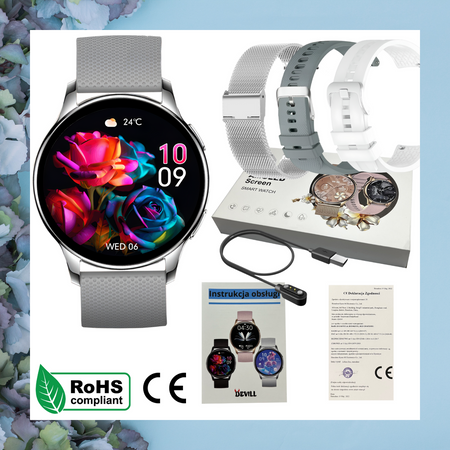 Smartwatch Sara AMOLED Zestaw 3 Pasków - Biały, srebrny, szary
