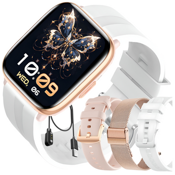 Smartwatch Damski Ewa Złoty Zestaw 3 pasków - biały, różowy, różowe złoto